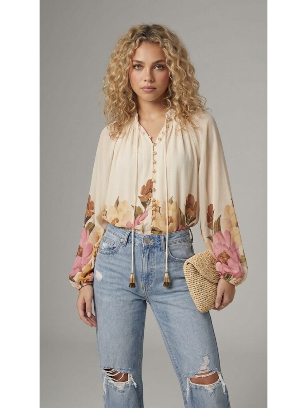 FARM Rio Anthropologie Size S Cream Floral Balloon Sleeve High-Neck Blouse Boho